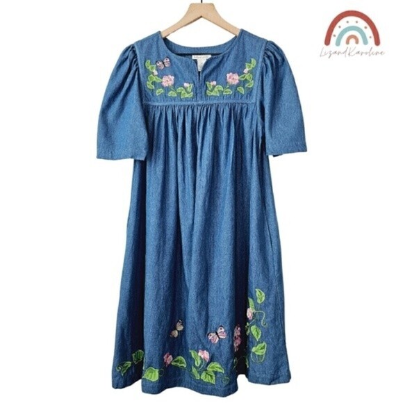 Vintage Bechamel Petite Embroidered Floral Butterfly Oversize Denim Granny Dress - Picture 1 of 9